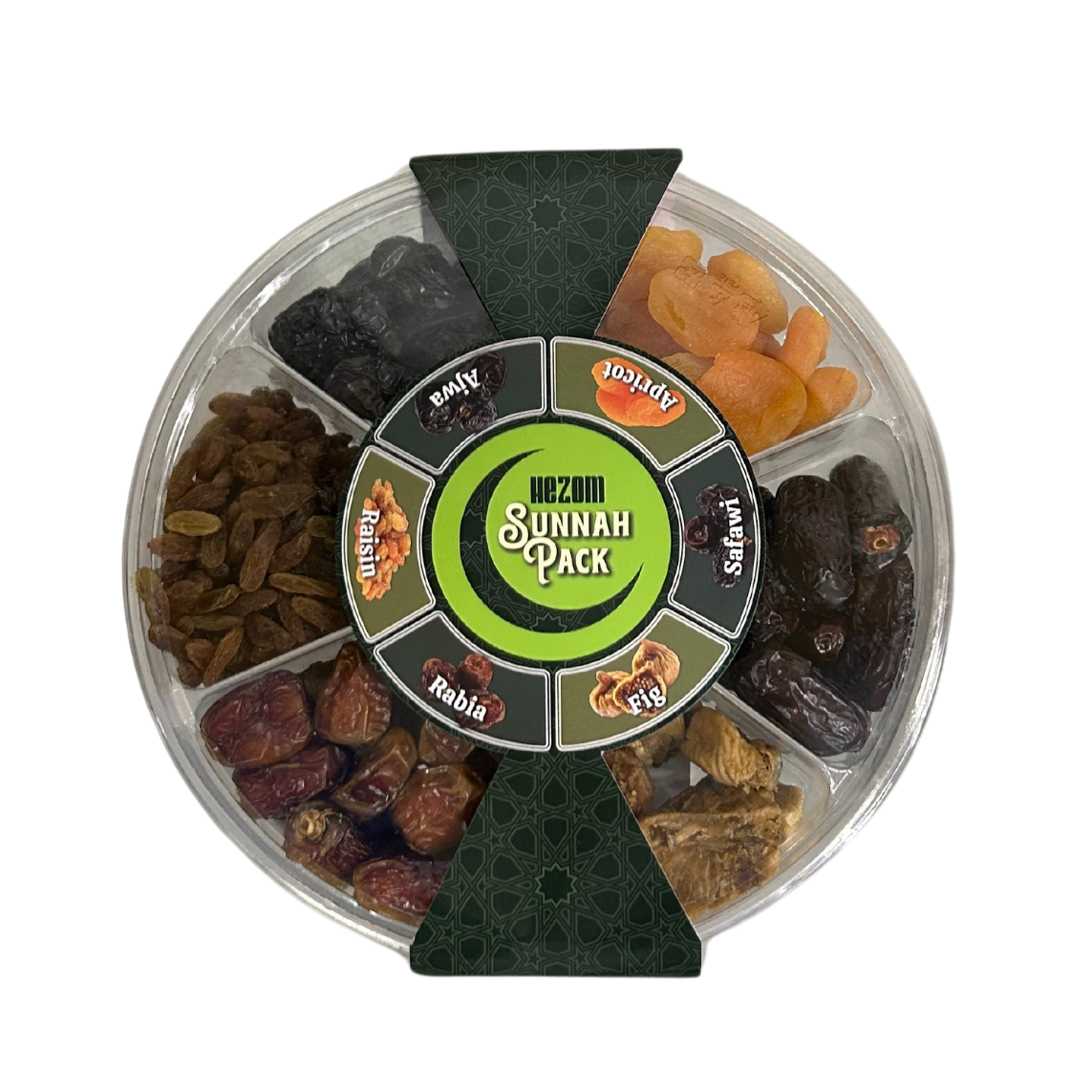 A circular platter of various dried fruits including dates, figs, and apricots, branded by HEZOM.